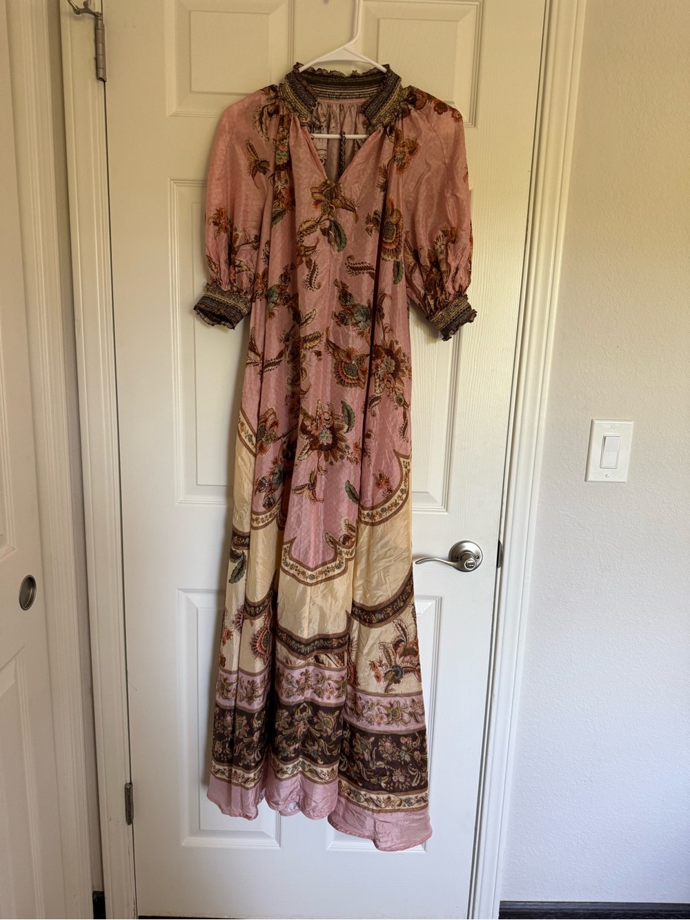 Women’s pink floral boho maxi silk v neck dress with belt